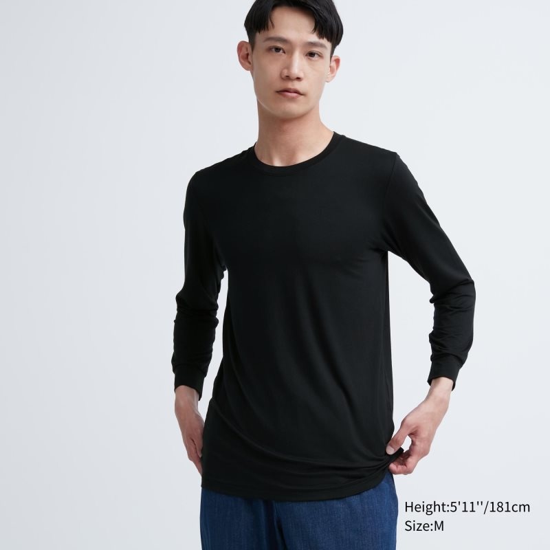 Black Uniqlo Heattech Crew Neck Long-sleeve Men T Shirts | 2360267