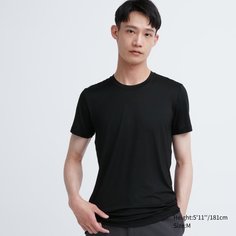 Black Uniqlo Heattech Crew Neck Short Sleeve Men T Shirts | 3024959