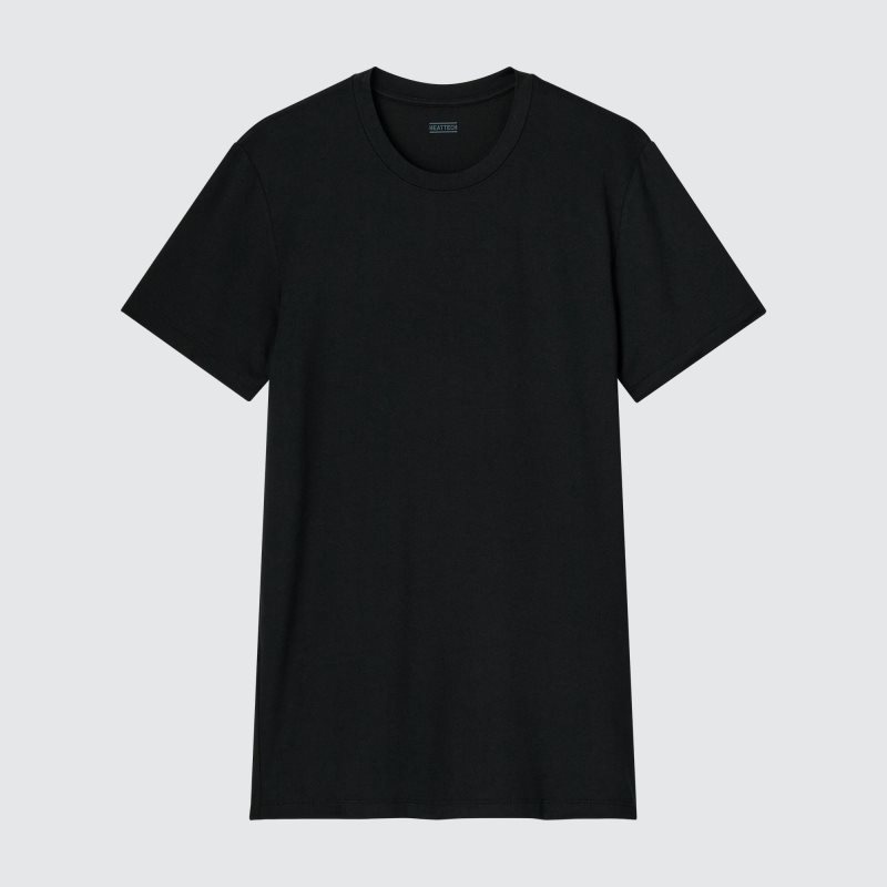 Black Uniqlo Heattech Crew Neck Short-sleeve Men T Shirts | 1608604