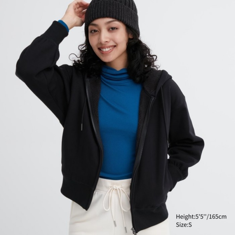 Black Uniqlo Heattech Pile Lined Sweat Full-zip Women Hoodie | 5924814