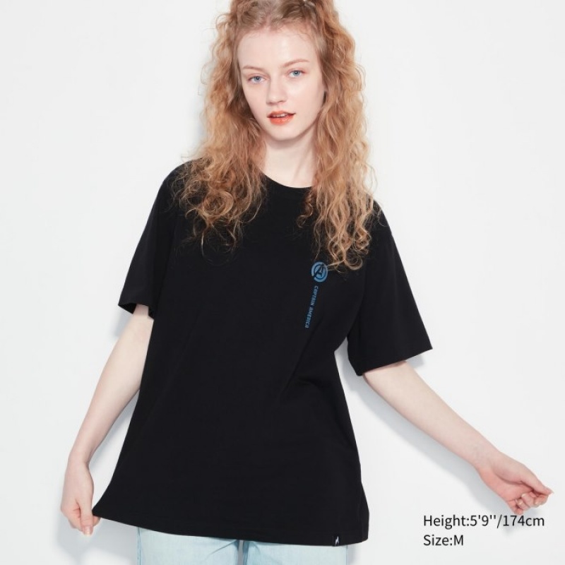 Black Uniqlo Marvel Art Collection by Mondo UT Short Sleeve Women T Shirts | 8629410