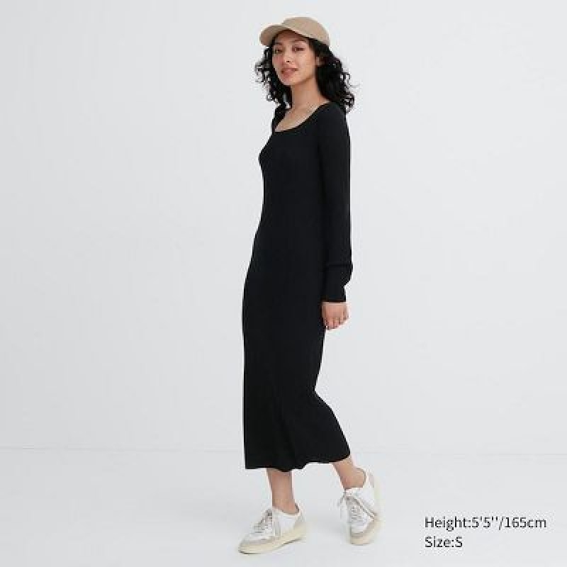 Black Uniqlo Merino Blend Fitted U Neck Long Sleeve Women Dress | 2642822