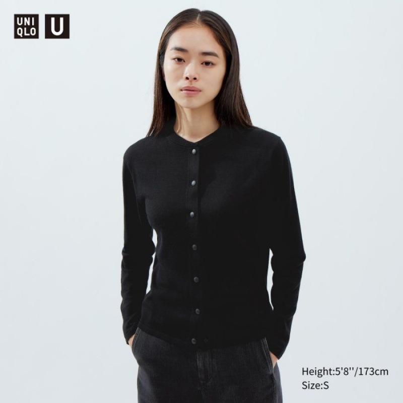 Black Uniqlo Merino Blend Long-Sleeve Crew Neck Women Cardigan | 2276190