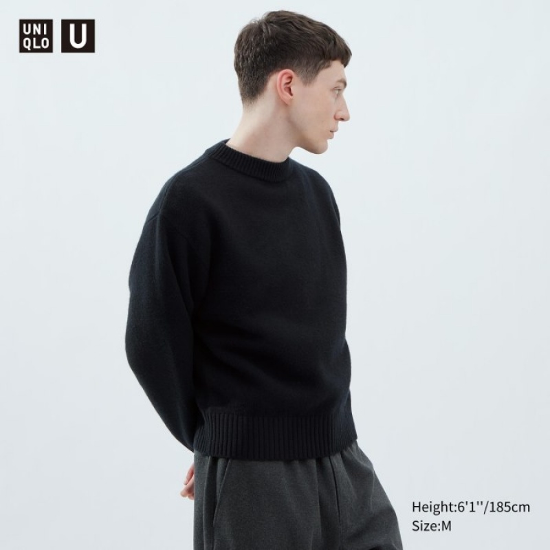 Black Uniqlo Premium Lambswool Low Gauge Crew Neck Women Sweaters | 7910129
