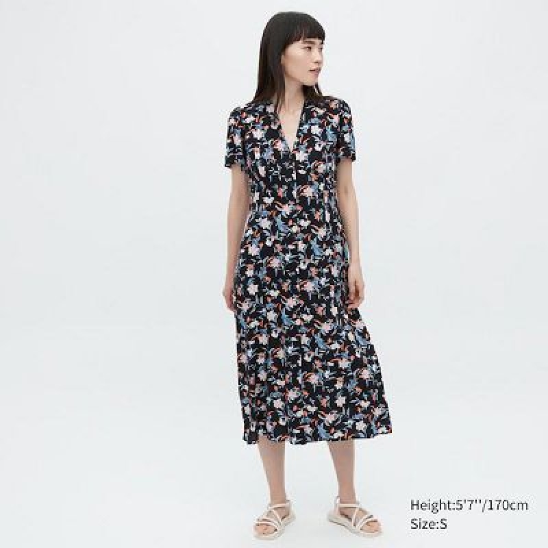 Black Uniqlo Printed V-Neck Short-Sleeve Flare Women Dress | 8459321