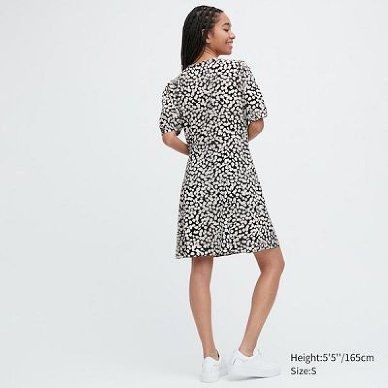 Black Uniqlo Printed V-Neck Short-Sleeve Mini Women Dress | 5155982