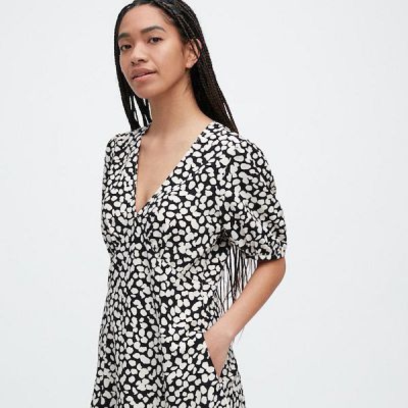 Black Uniqlo Printed V-Neck Short-Sleeve Mini Women Dress | 5155982