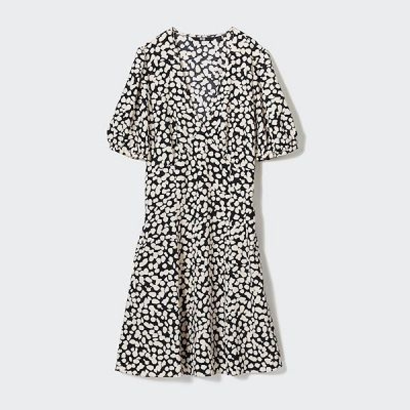 Black Uniqlo Printed V-Neck Short-Sleeve Mini Women Dress | 5155982