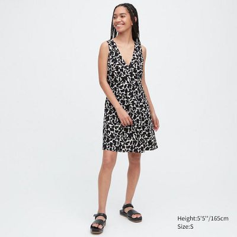 Black Uniqlo Printed V-Neck Sleeveless Mini Women Dress | 2451438