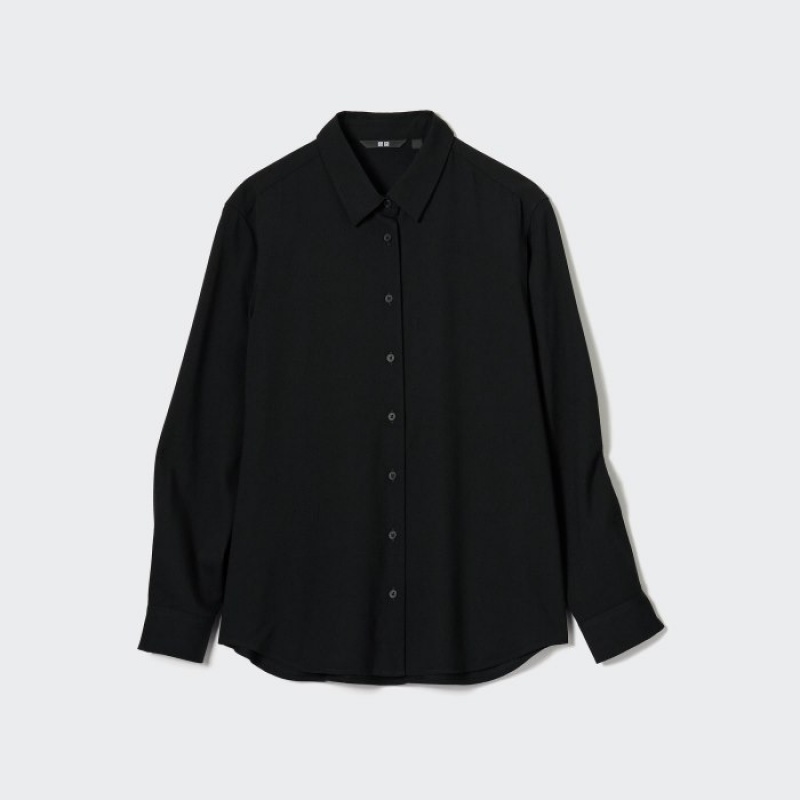 Black Uniqlo Rayon Long-Sleeve Women Blouse | 3593453