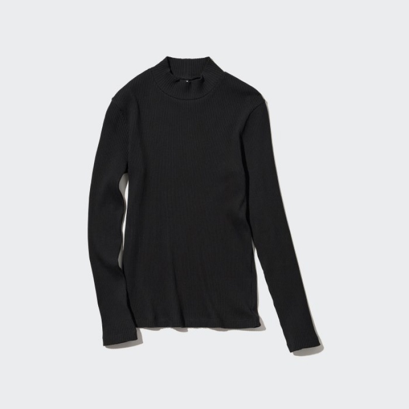 Black Uniqlo Ribbed High Neck Long-Sleeve Women T Shirts | 2215223