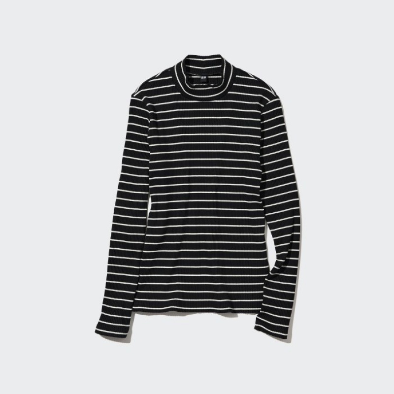 Black Uniqlo Ribbed Striped High Neck Long-Sleeve Women T Shirts | 8791290