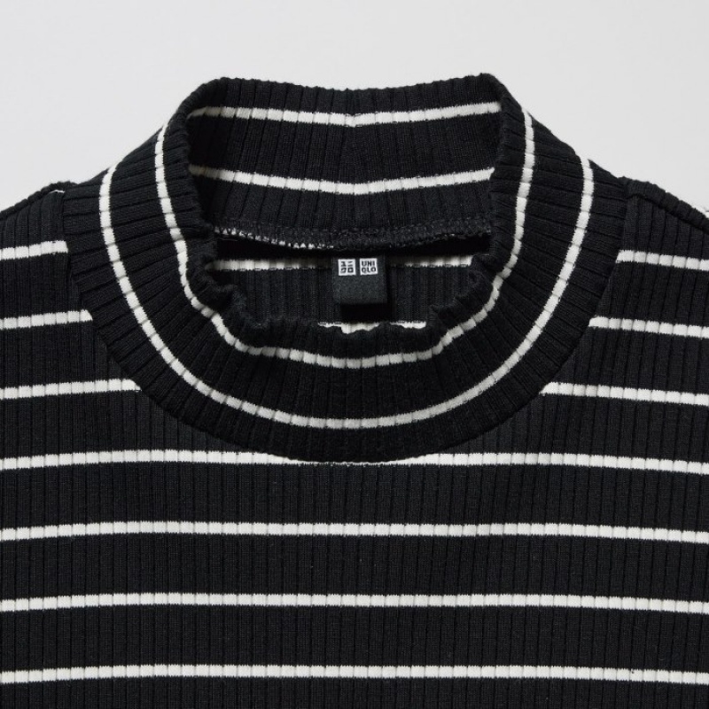 Black Uniqlo Ribbed Striped High Neck Long-Sleeve Women T Shirts | 8791290