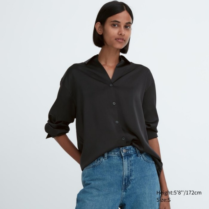 Black Uniqlo Satin Long-Sleeve Women Blouse | 9515410