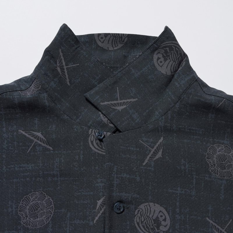 Black Uniqlo Shochiku Kabuki Open Collar Short-sleeve Men Shirts | 4672665