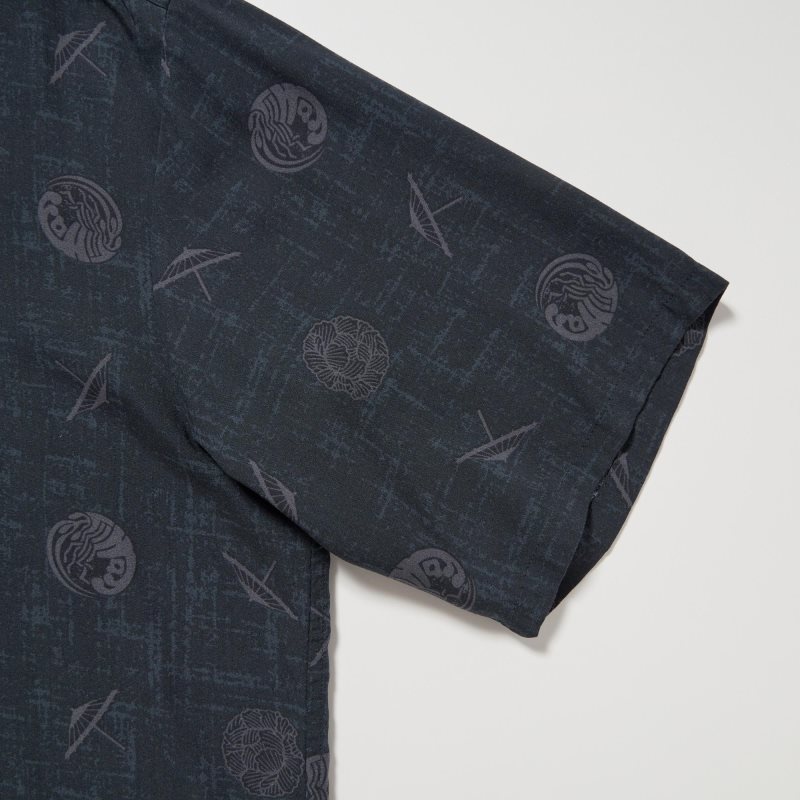 Black Uniqlo Shochiku Kabuki Open Collar Short-sleeve Men Shirts | 4672665