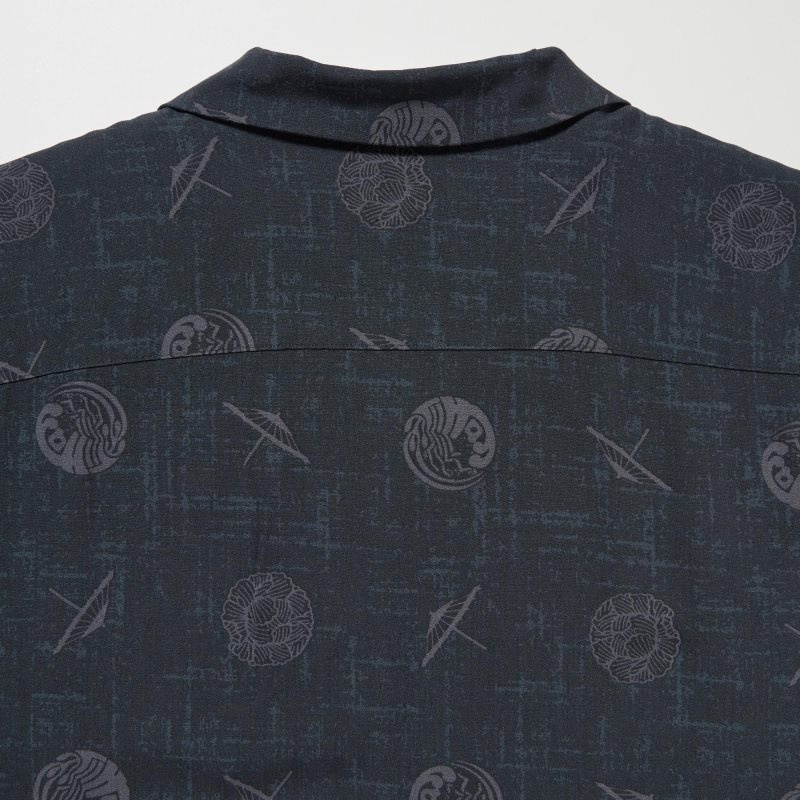 Black Uniqlo Shochiku Kabuki Open Collar Short-sleeve Men Shirts | 4672665