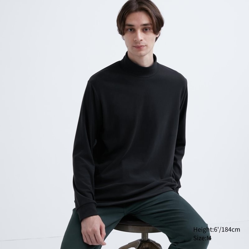 Black Uniqlo Smooth Fleece Mock Neck Men T Shirts | 9065540