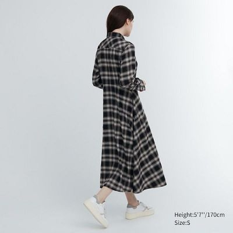 Black Uniqlo Soft Brushed Checked Long-Sleeve Women Dress | 8539644