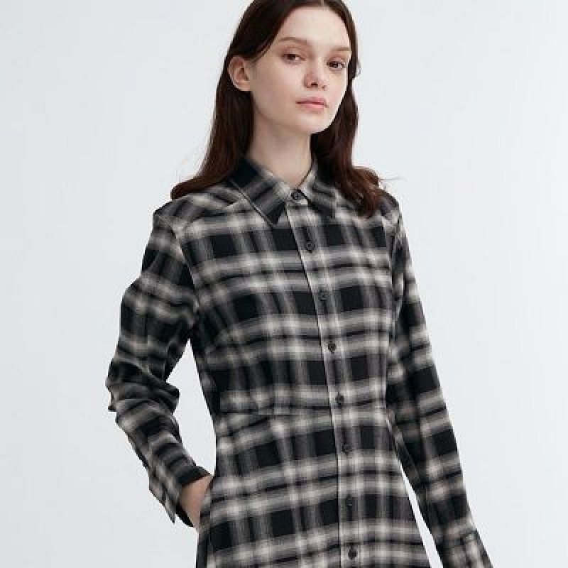 Black Uniqlo Soft Brushed Checked Long-Sleeve Women Dress | 8539644
