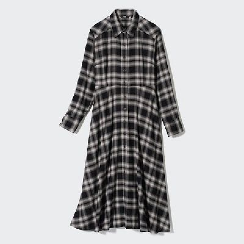 Black Uniqlo Soft Brushed Checked Long-Sleeve Women Dress | 8539644