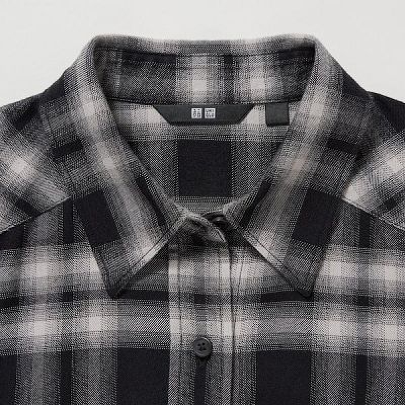Black Uniqlo Soft Brushed Checked Long-Sleeve Women Dress | 8539644