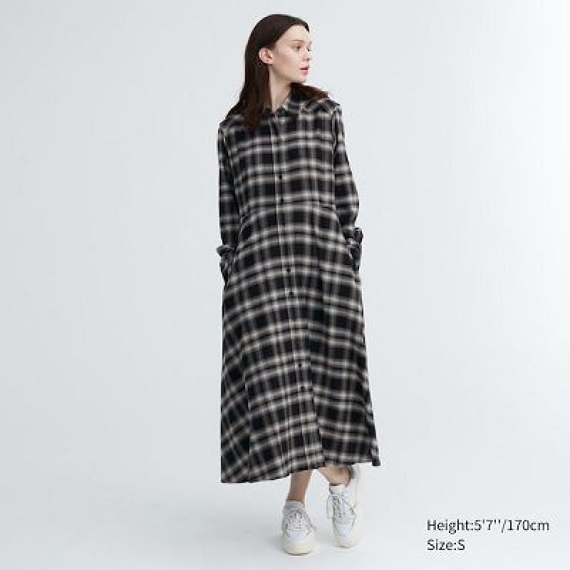 Black Uniqlo Soft Brushed Checked Long-Sleeve Women Dress | 8539644