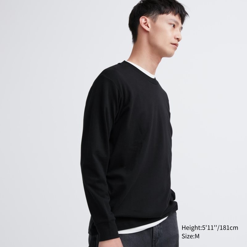 Black Uniqlo Soft Brushed Crew Neck Long-sleeve Men T Shirts | 4217513