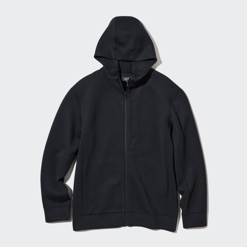 Black Uniqlo Stretch Dry Sweat Long-sleeve Full-zip Men Hoodie | 5672336