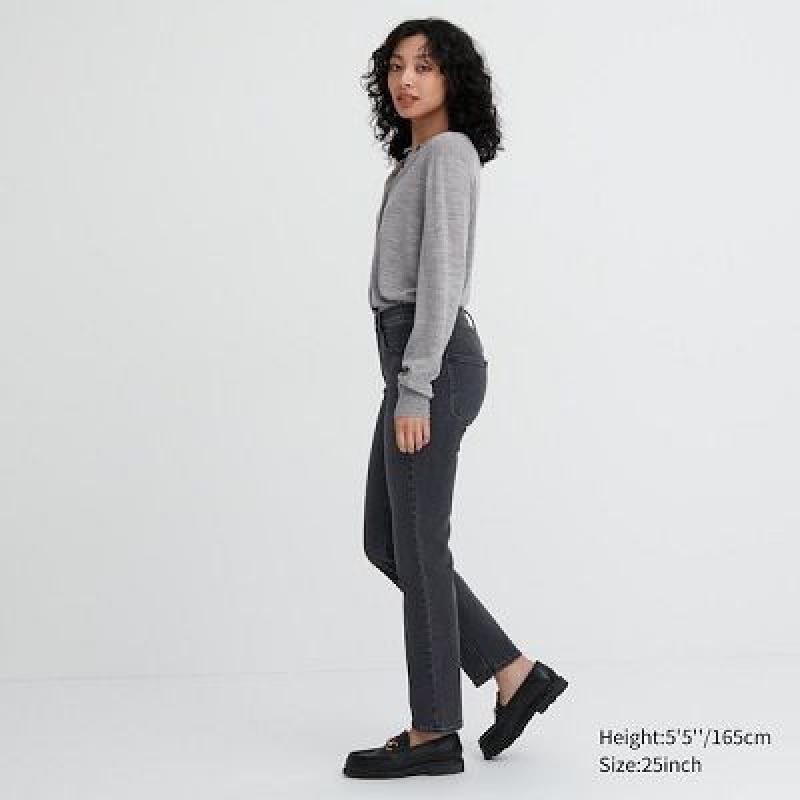 Black Uniqlo Stretch Slim Straight Women Jeans | 9059035