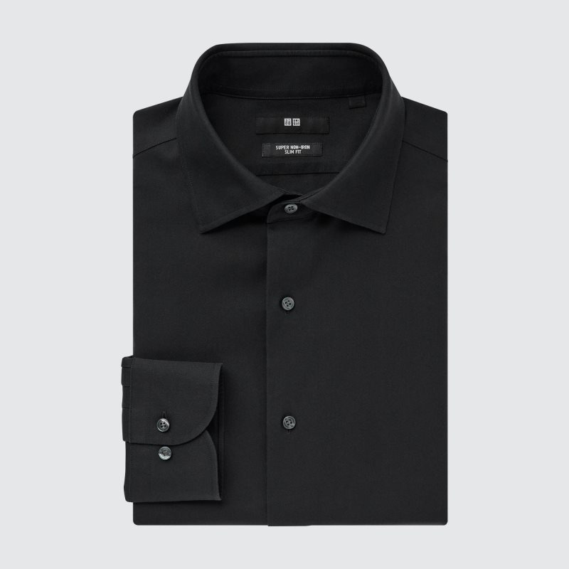 Black Uniqlo Super Non-iron Slim-fit Long-sleeve Semi-wide Collar Men Shirts | 1127493