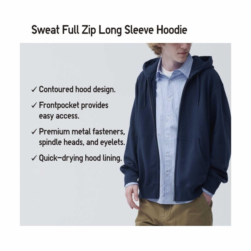 Black Uniqlo Sweat Long-sleeve Full-zip Men Hoodie | 6411772
