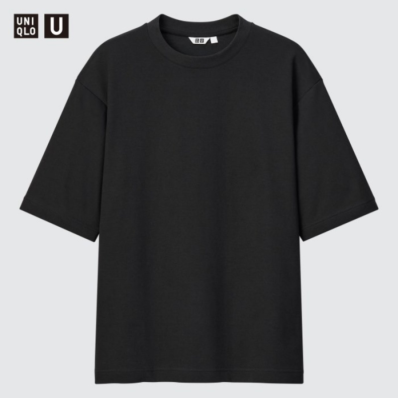 Black Uniqlo U AIRism Cotton Oversized Crew Neck Half-Sleeve Women T Shirts | 8992979