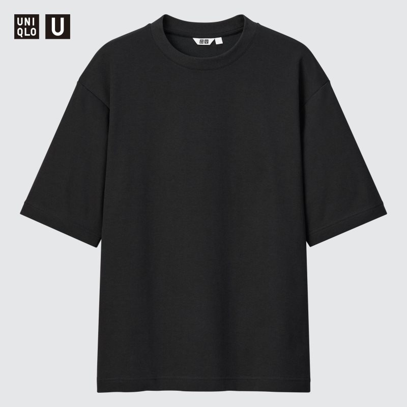 Black Uniqlo U AIRism Cotton Oversized Crew Neck Half-Sleeve Men T Shirts | 8673725