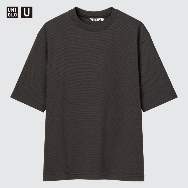 Black Uniqlo U Airism Cotton Striped Crew Neck Oversized Men T Shirts | 1082127