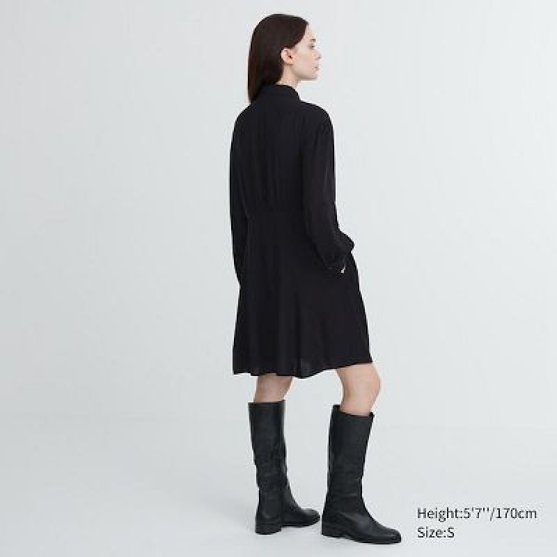 Black Uniqlo V-Neck Long-Sleeve Mini Women Dress | 5273235