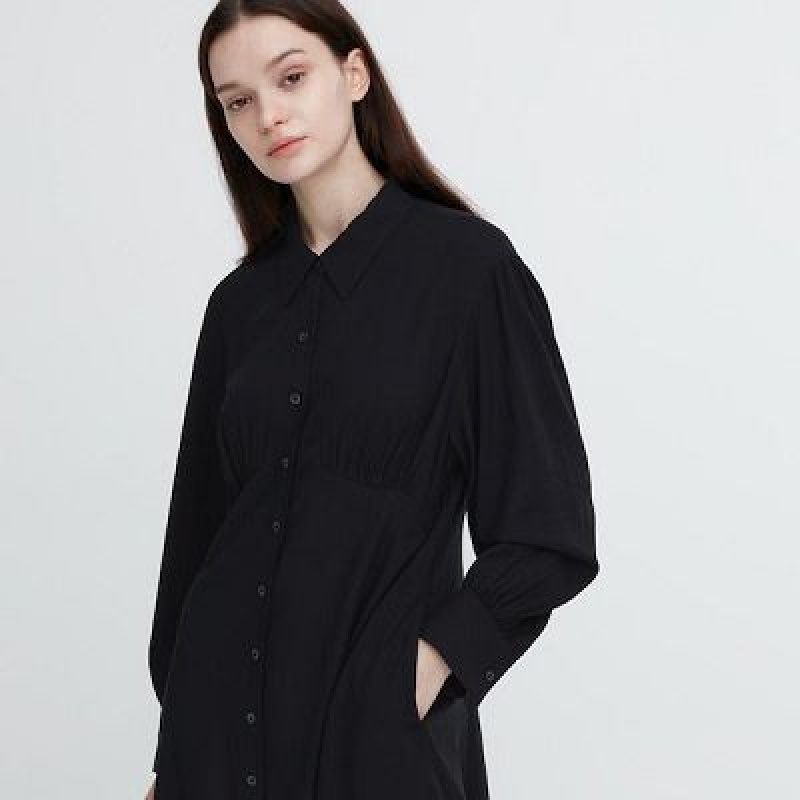 Black Uniqlo V-Neck Long-Sleeve Mini Women Dress | 5273235