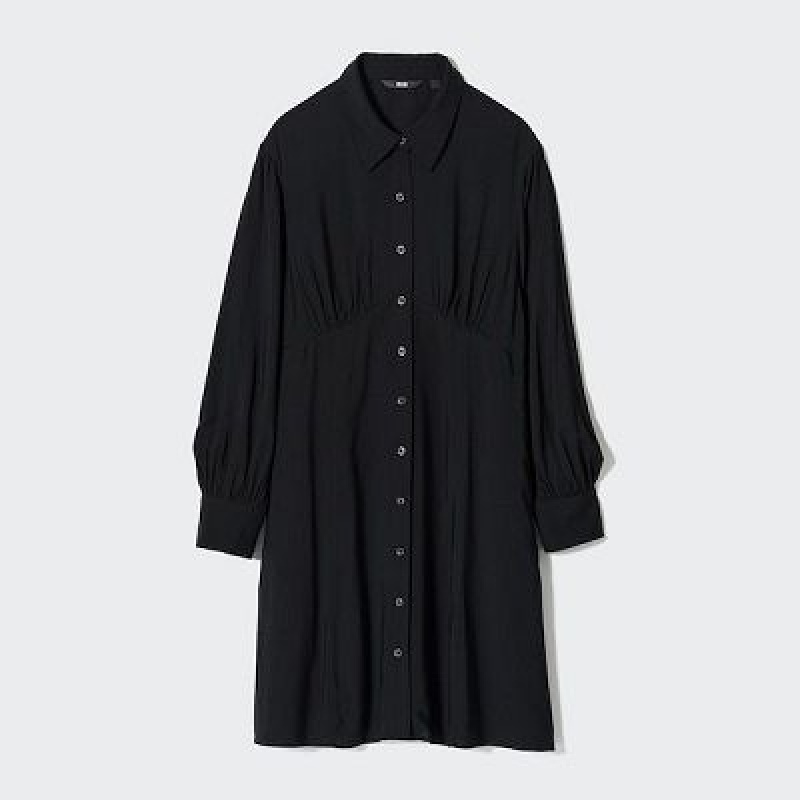 Black Uniqlo V-Neck Long-Sleeve Mini Women Dress | 5273235