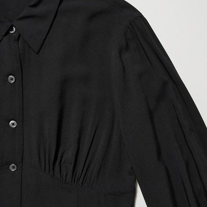 Black Uniqlo V-Neck Long-Sleeve Mini Women Dress | 5273235