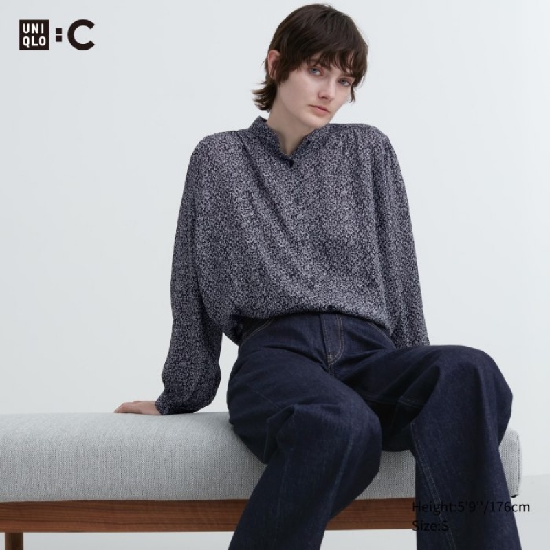 Black Uniqlo Volume Long-Sleeve Women Blouse | 1506338