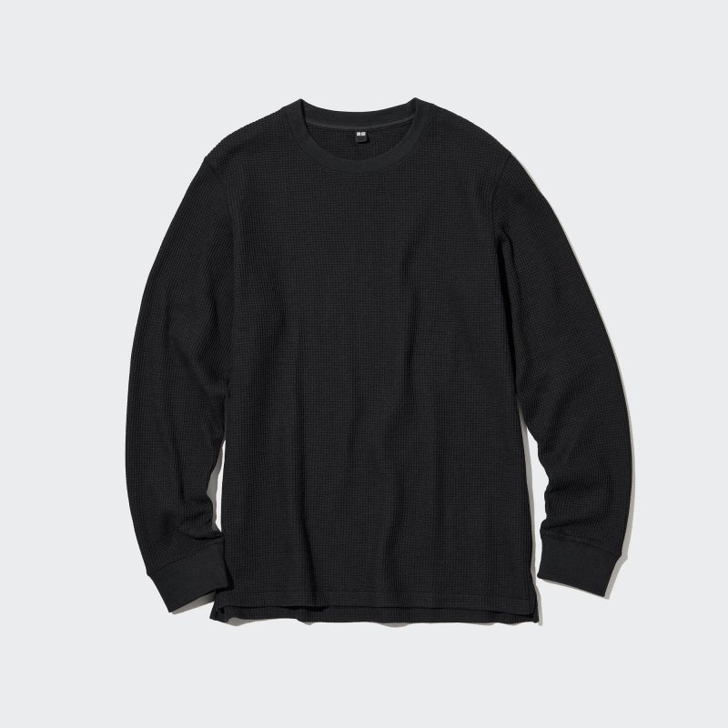 Black Uniqlo Waffle Crew Neck Long-Sleeve Men T Shirts | 7175964