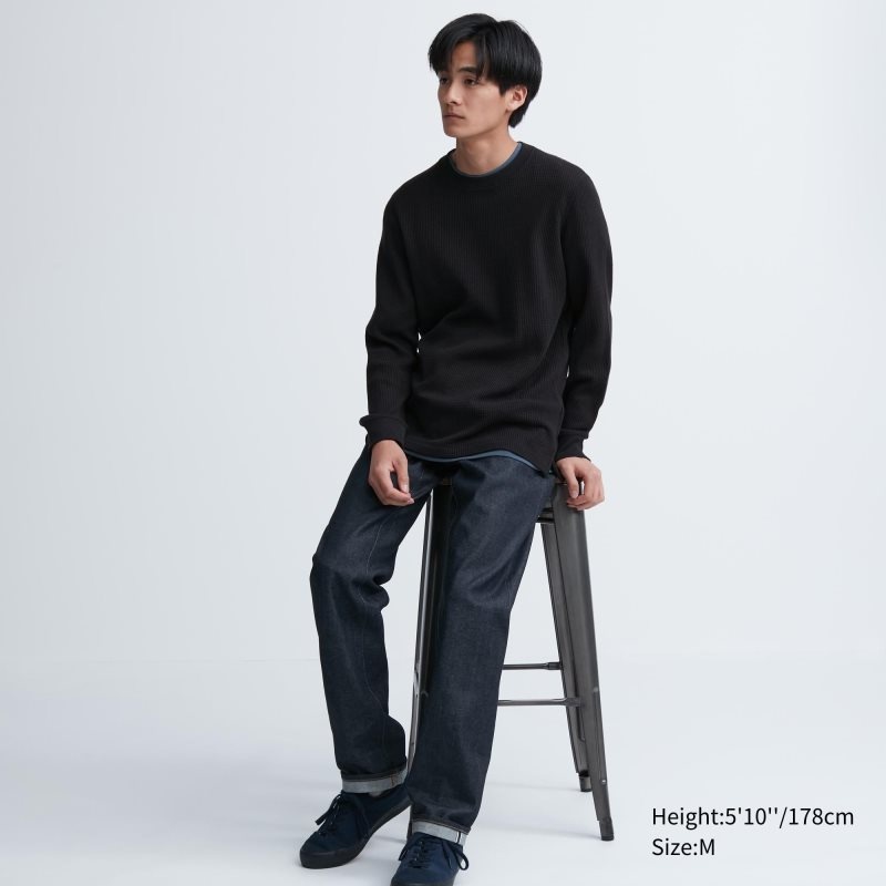 Black Uniqlo Waffle Crew Neck Long-Sleeve Men T Shirts | 2537342