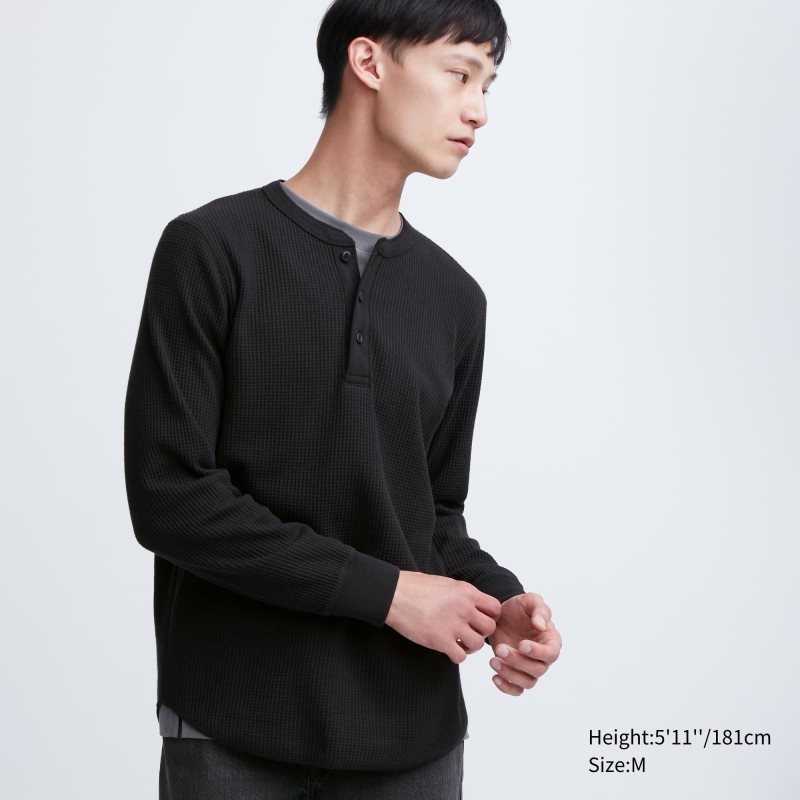 Black Uniqlo Waffle Henley Neck Long-sleeve Men T Shirts | 796219