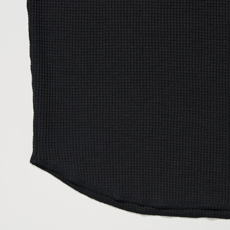 Black Uniqlo Waffle Long-sleeve Henley Men T Shirts | 9282570