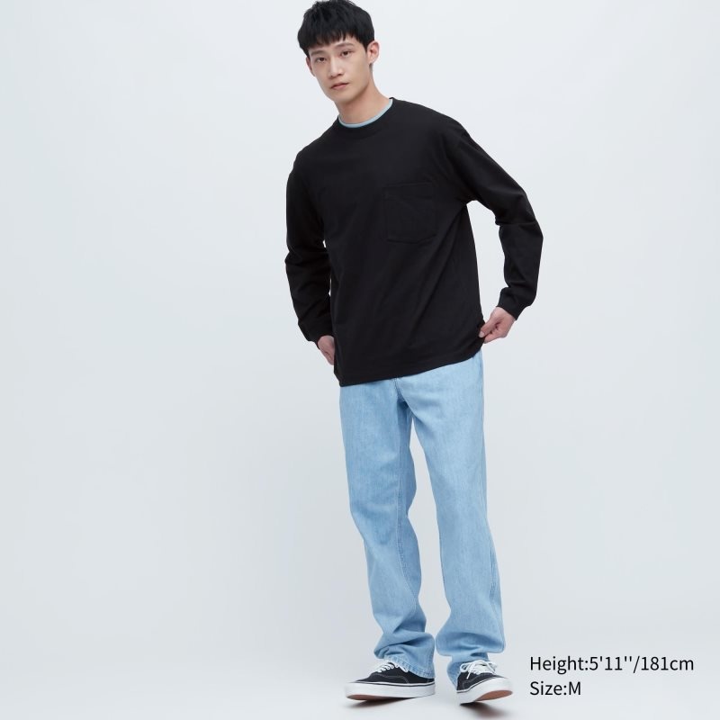 Black Uniqlo Washed Cotton Crew Neck Long-sleeve Men T Shirts | 1382393