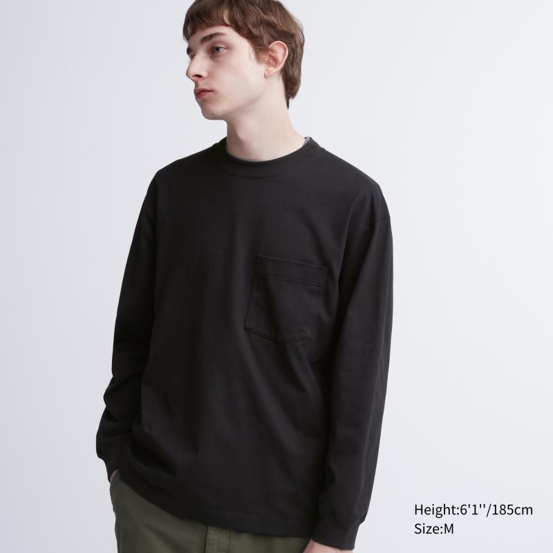 Black Uniqlo Washed Cotton Crew Neck Long-sleeve Men T Shirts | 7436516