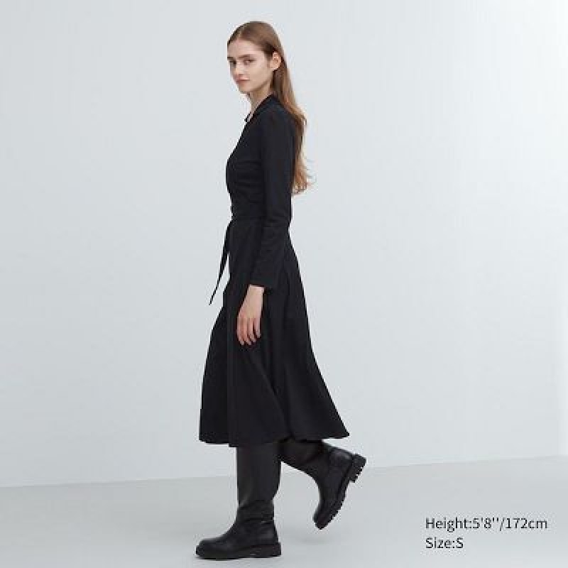 Black Uniqlo Wrap Long-Sleeve Women Dress | 5947015