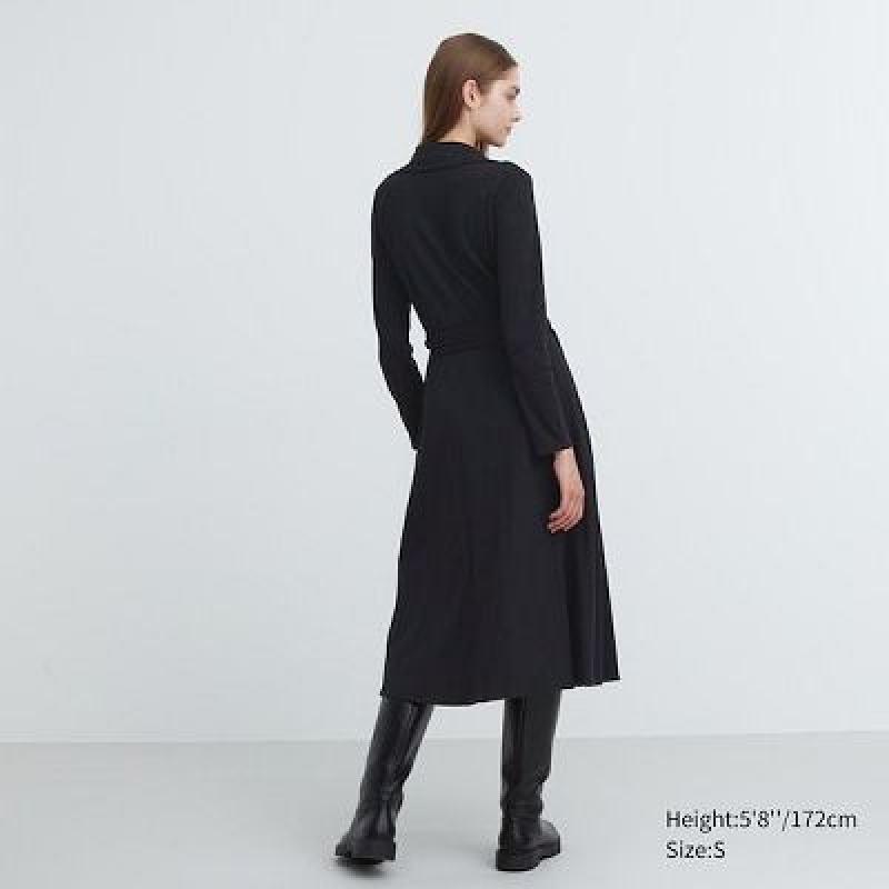 Black Uniqlo Wrap Long-Sleeve Women Dress | 5947015