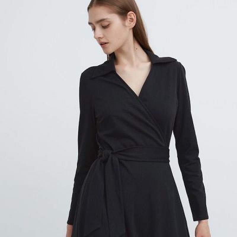 Black Uniqlo Wrap Long-Sleeve Women Dress | 5947015