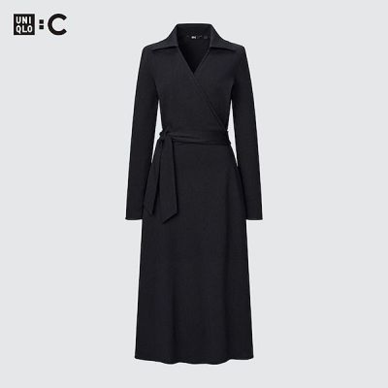 Black Uniqlo Wrap Long-Sleeve Women Dress | 5947015